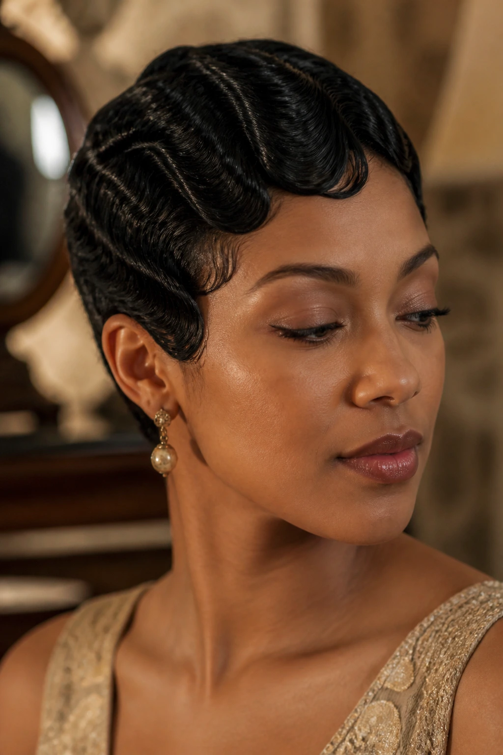 Portrait of a real woman with sculpted finger waves on a short crop.
