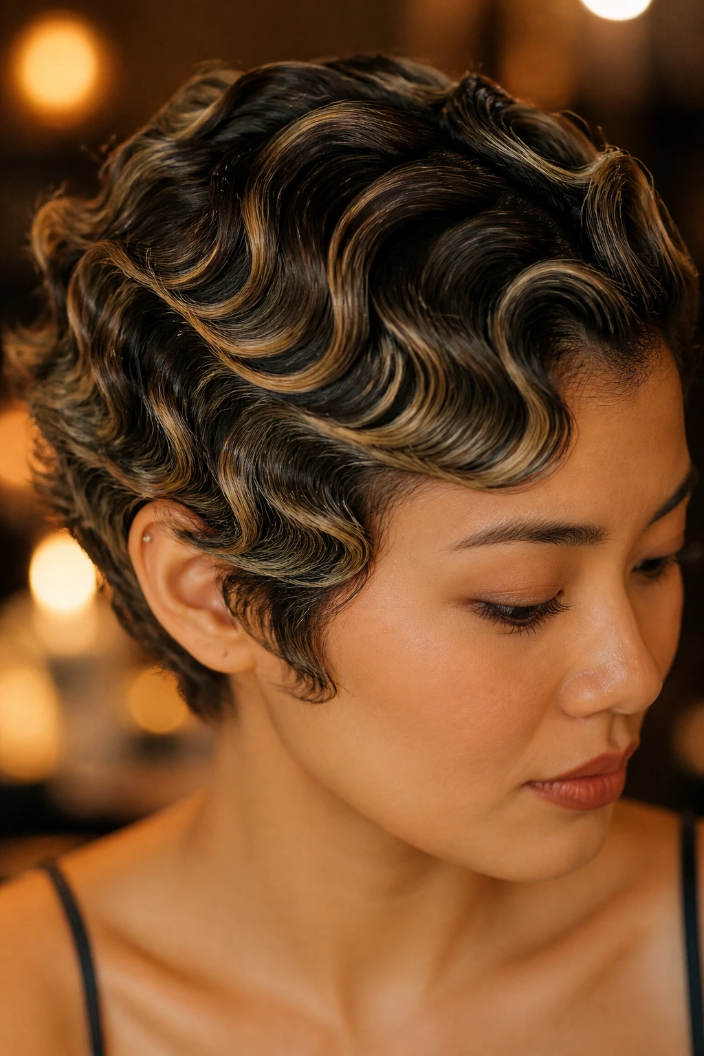 Close-up of sculpted finger waves on short curls with subtle babylights catching warm restaurant light