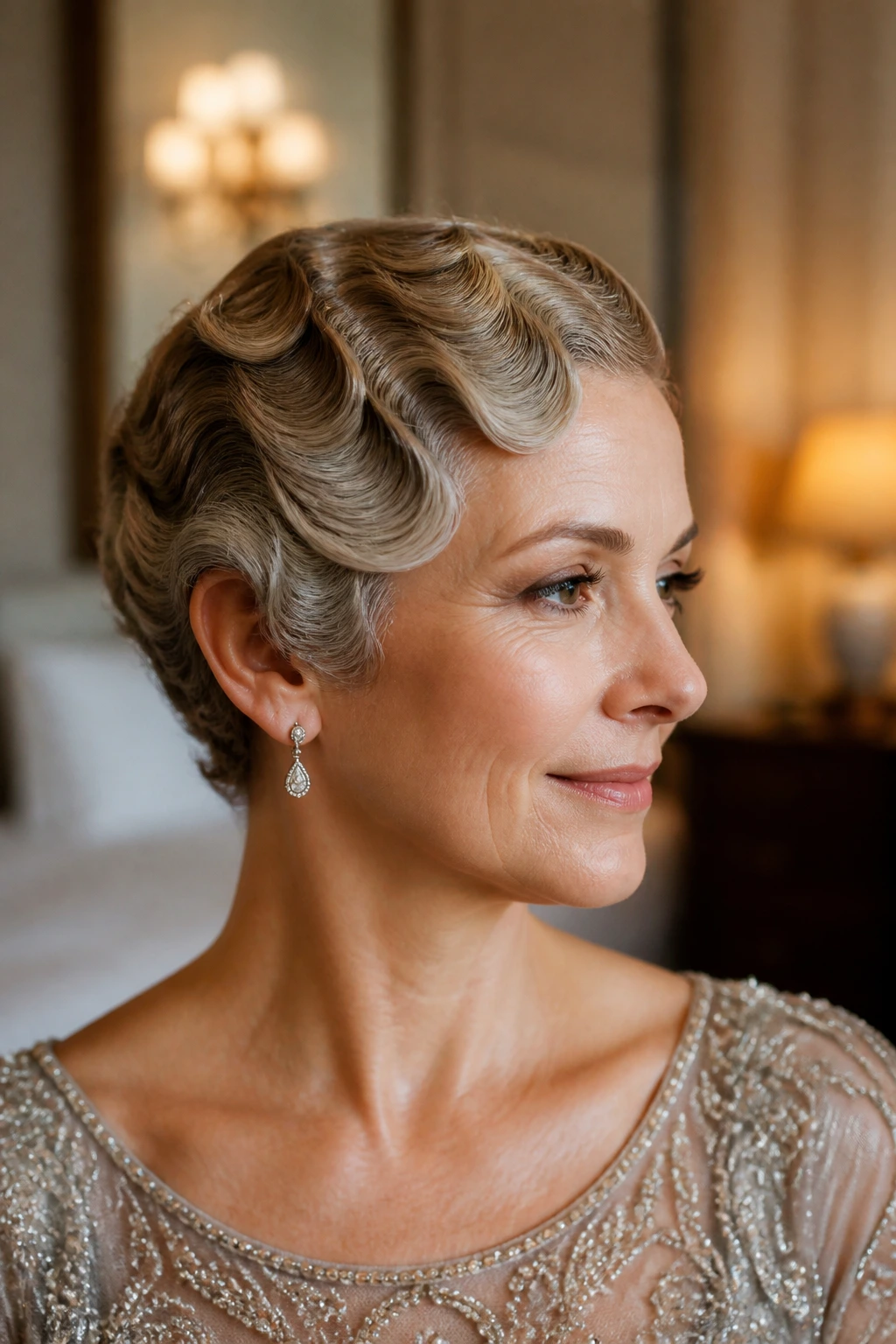 Close-up of a woman with sculpted finger waves on short hair