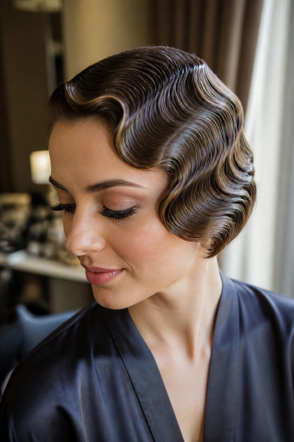 Close-up of a real woman with finger-wave side sweep