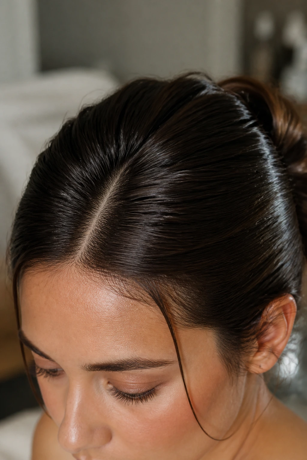 Close-up of a hair finish with a smooth crown and hairline