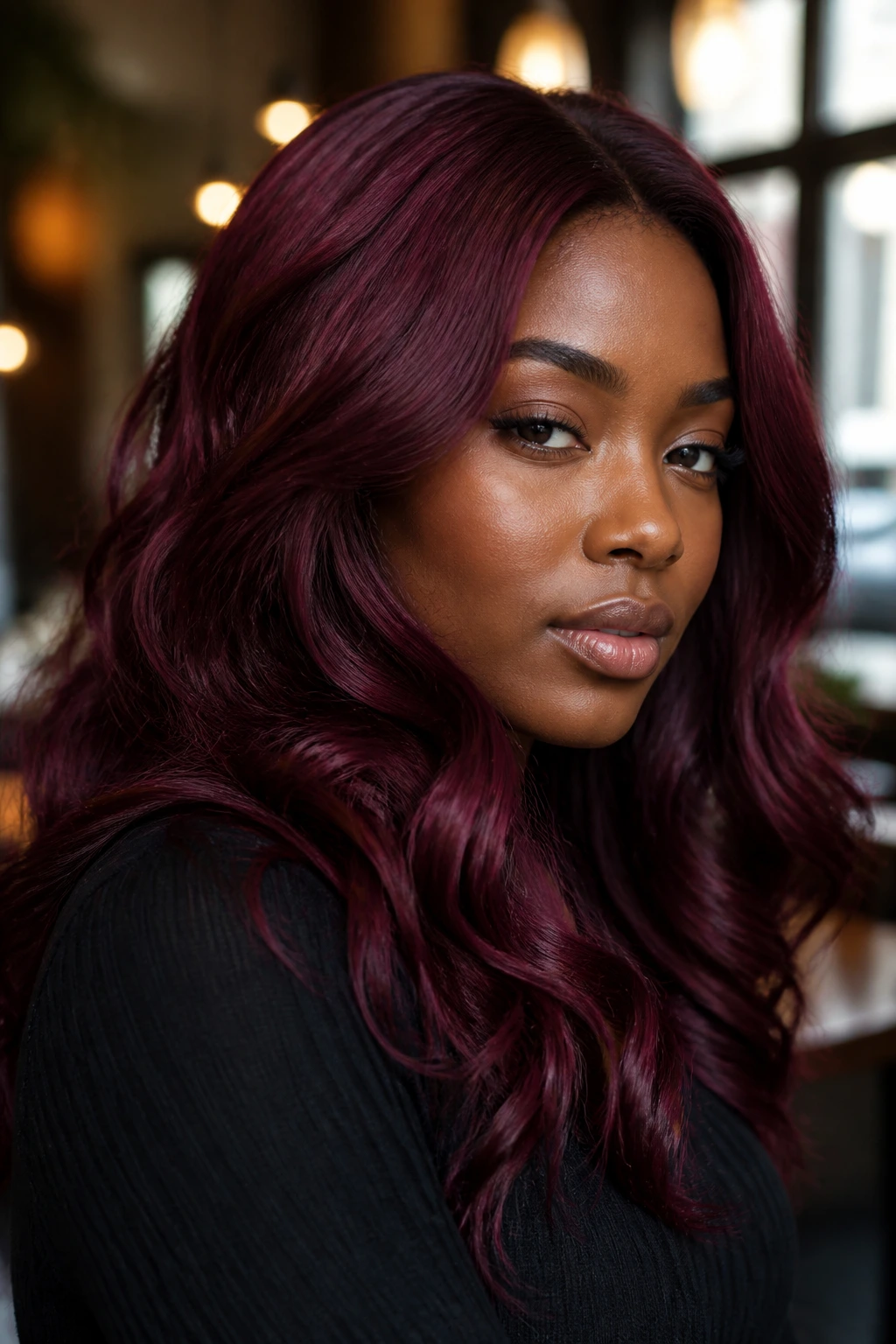 Portrait of a real person with finished burgundy hair.
