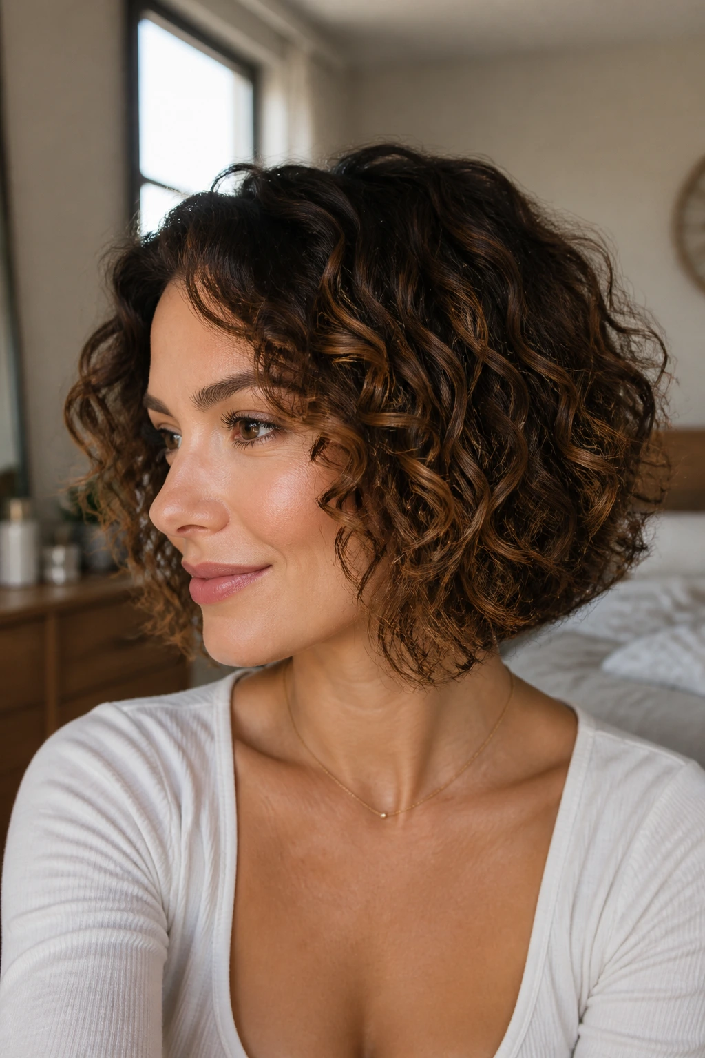 Real woman with polished finished curly bob in soft daylight