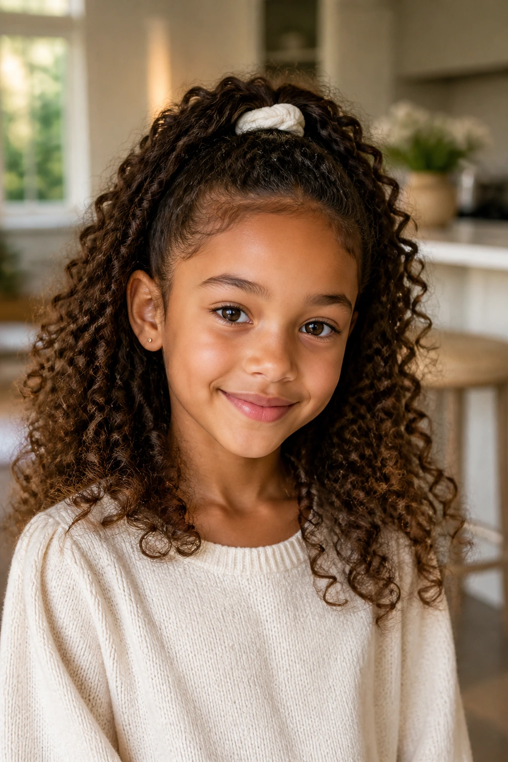 Close-up of a girl with a completed curly hairstyle ready for school or play