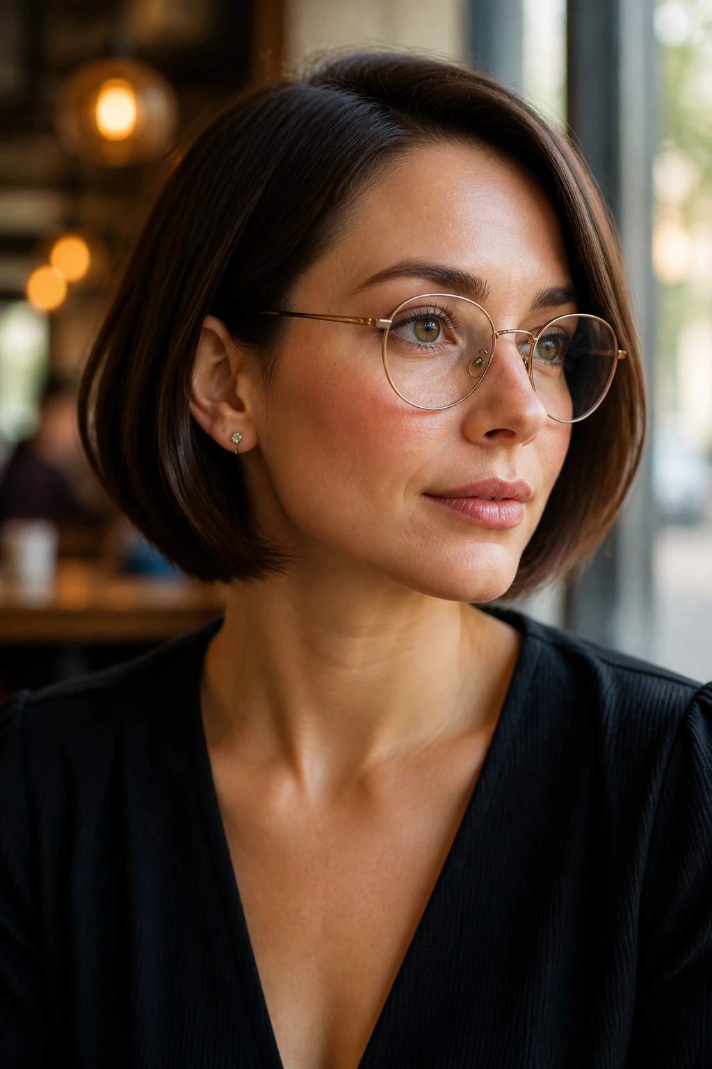 Close-up of a real woman with a jaw-length finished bob wearing glasses and earrings in natural light