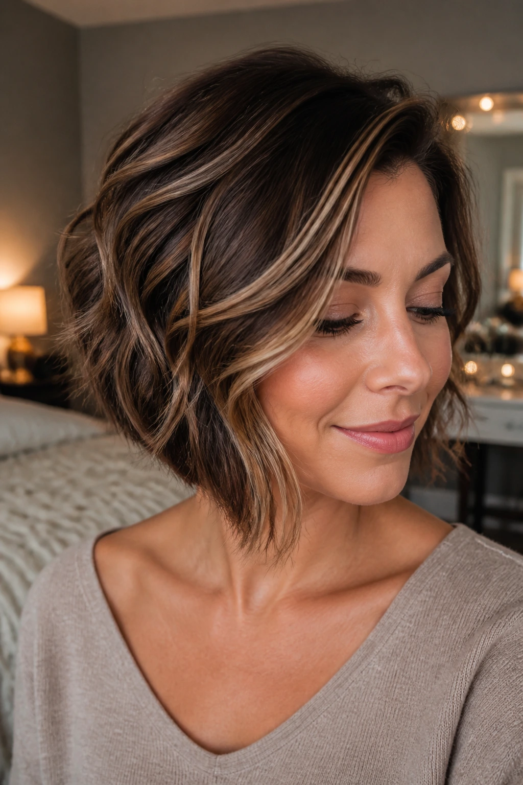 Real woman with finished inverted bob showing front fall and back stack
