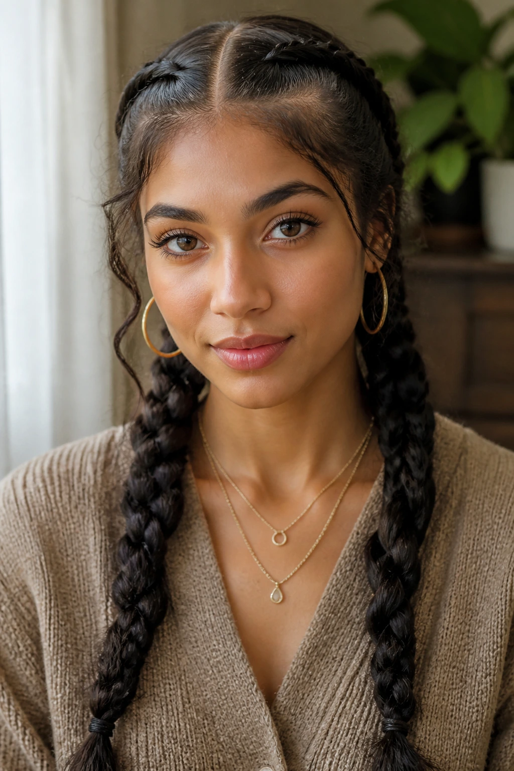 Portrait of a real woman with finished twin braids and middle part