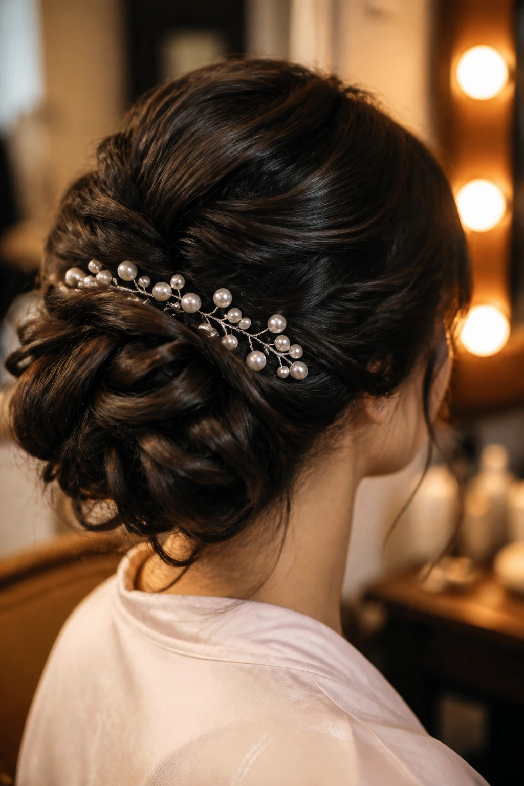 Close-up of thick hair with decorative finishers in a dressing room