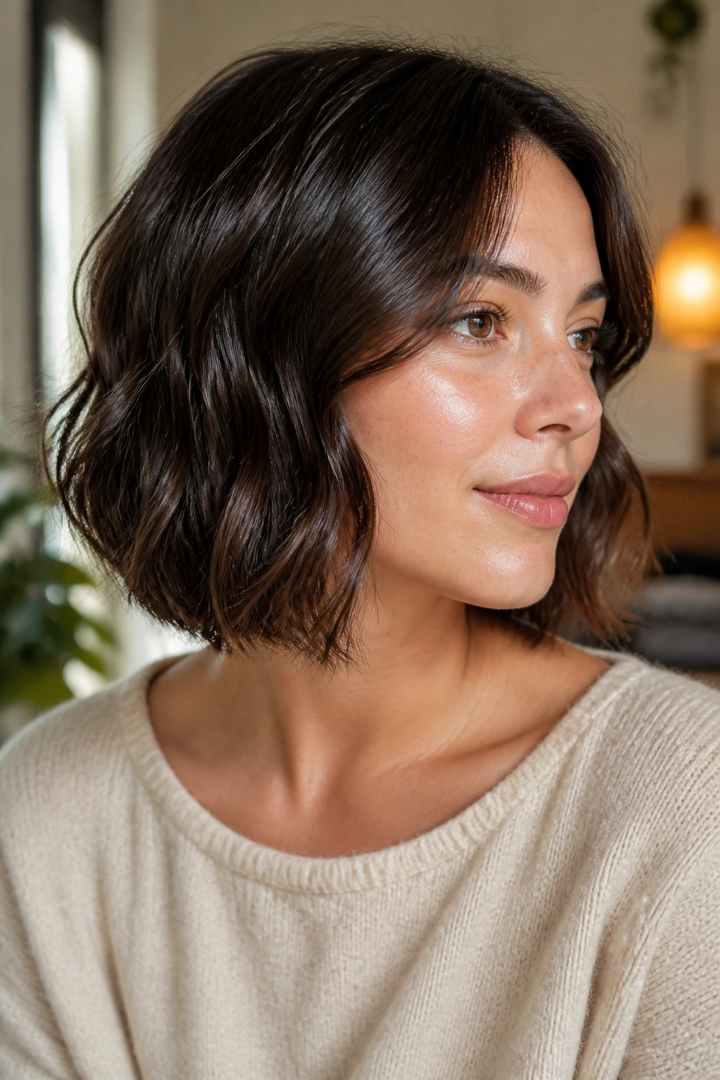 Close-up of a real woman with a glossy 2B bob under soft indoor light