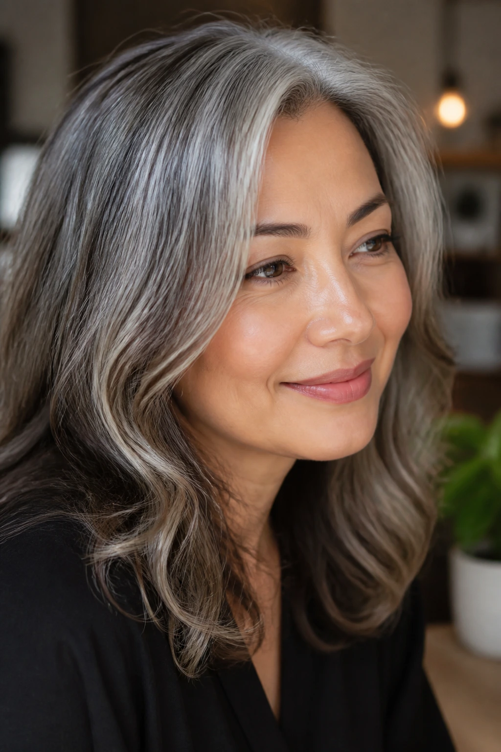 Close-up of gray hair with glossy finish on mid-lengths and ends.