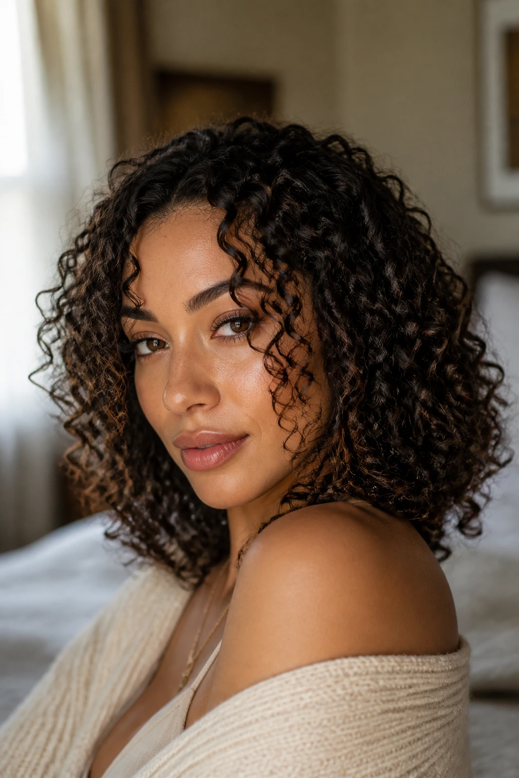 Close-up portrait of a woman with finger-coiled curls highlighting finishing moves