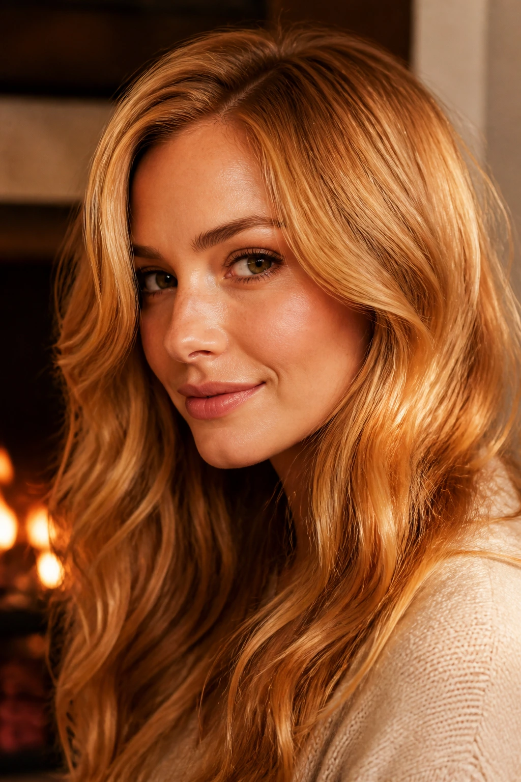 Close-up portrait of Firelight Blonde hair under amber lighting