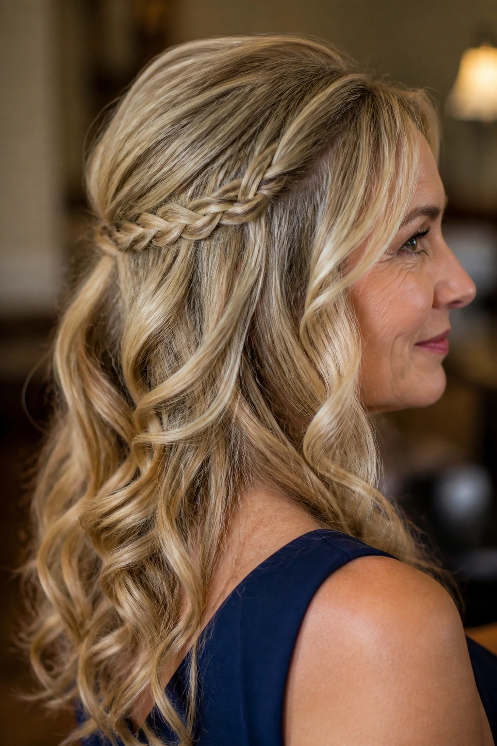 Close-up of a real woman with a narrow fishtail braid across the back of long hair