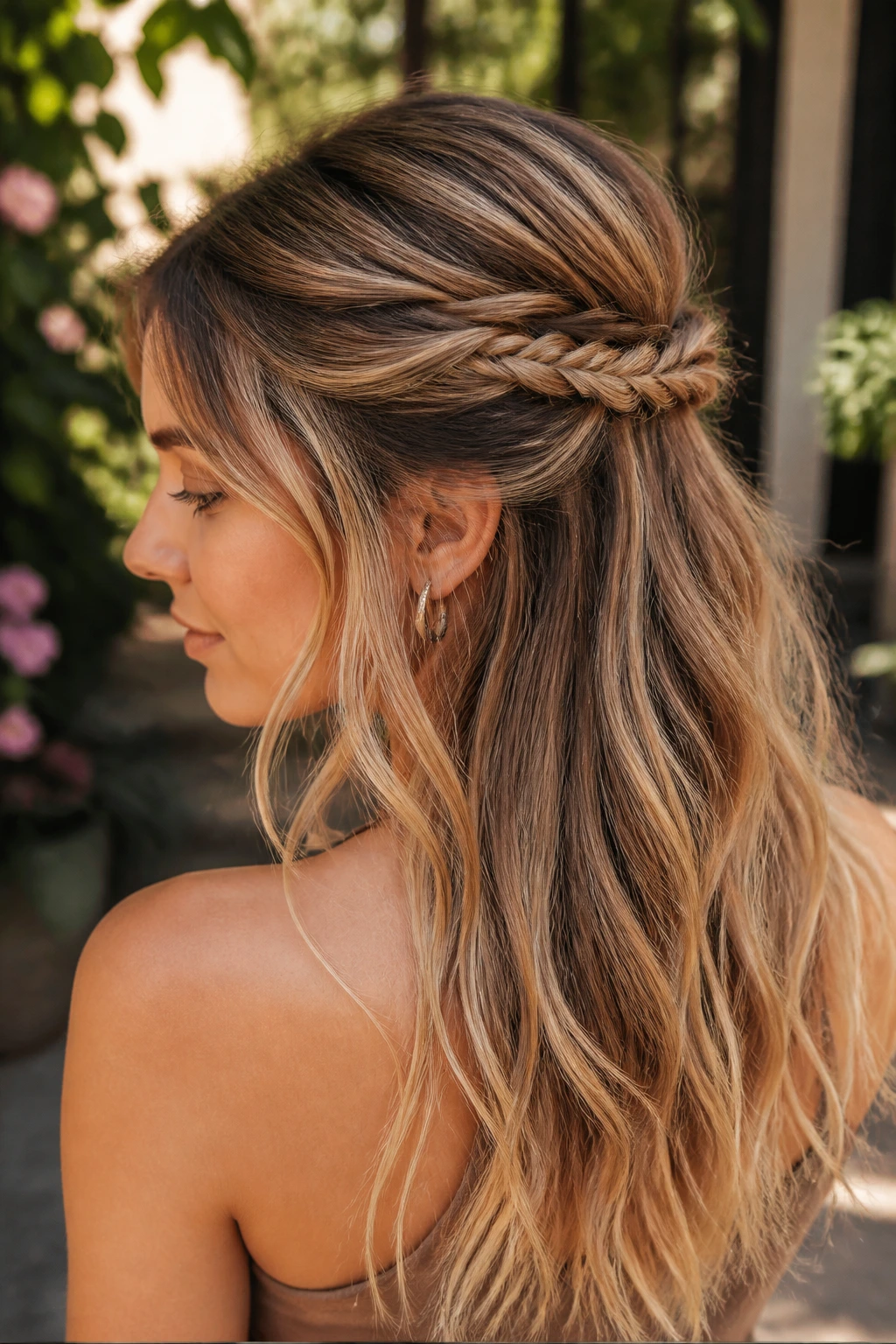 Close-up of a real woman with a delicate fishtail accent braid at the back