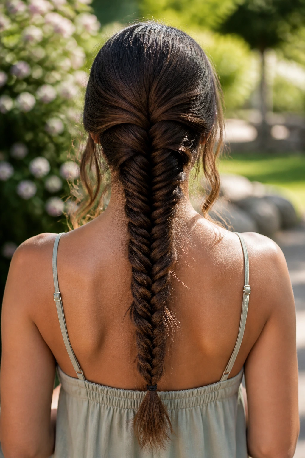 Rear view of real woman with fishtail braid down the back in a garden.