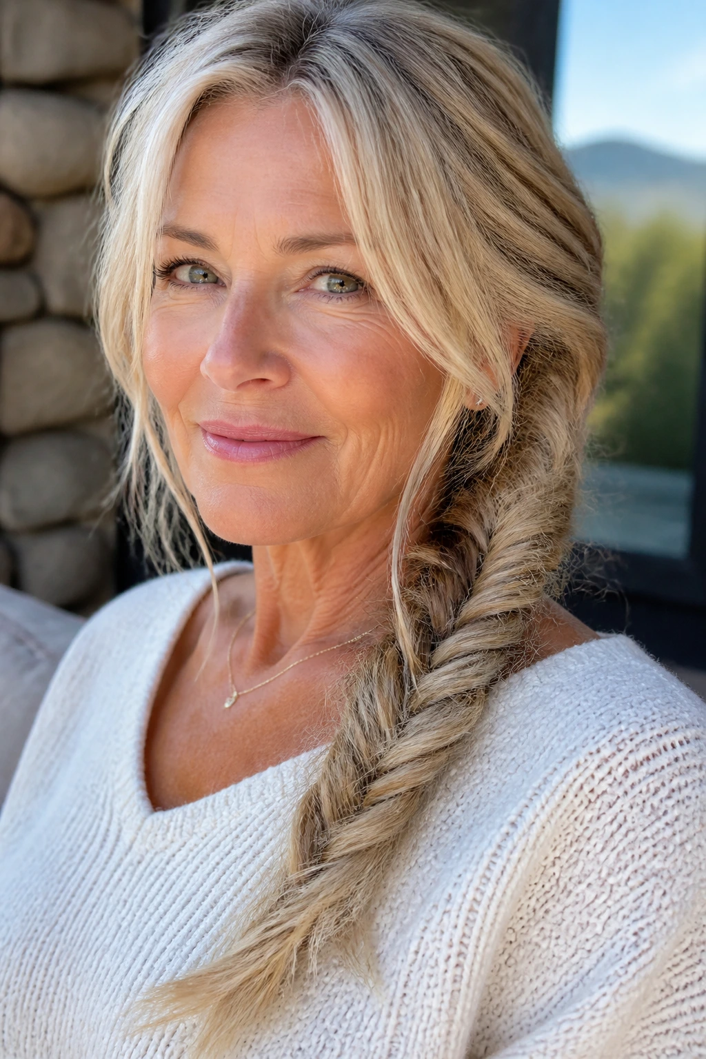 Woman with fishtail braid over one shoulder, long blonde hair