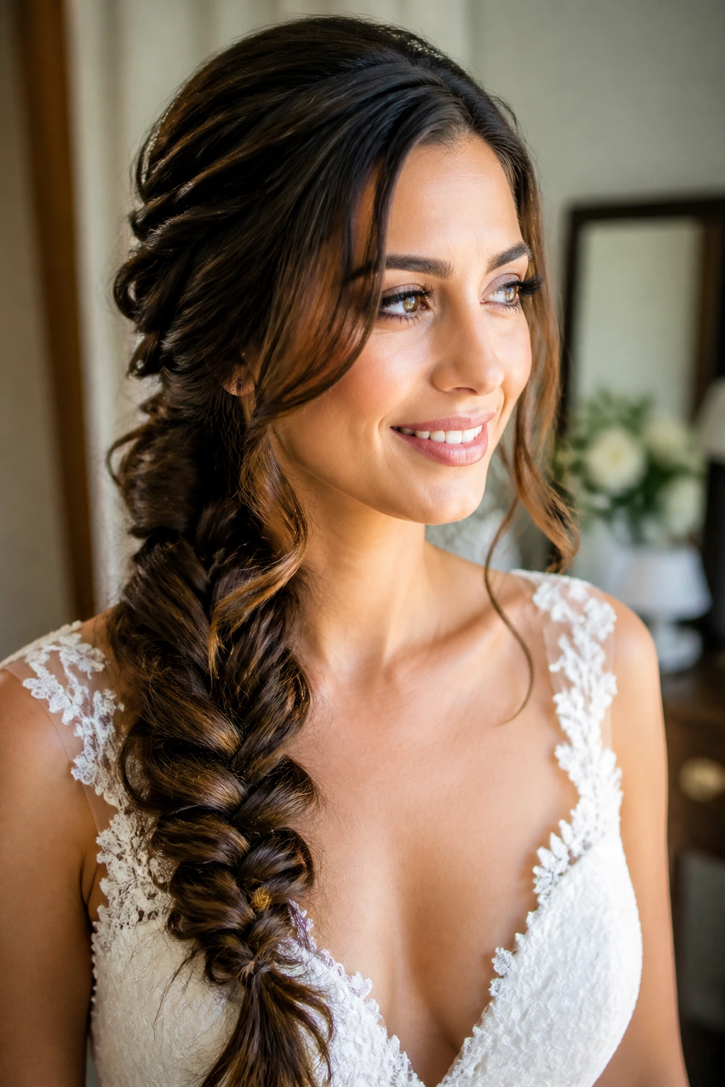 Close-up of a real bride with a loose fishtail braid over the shoulder, thick textured hair