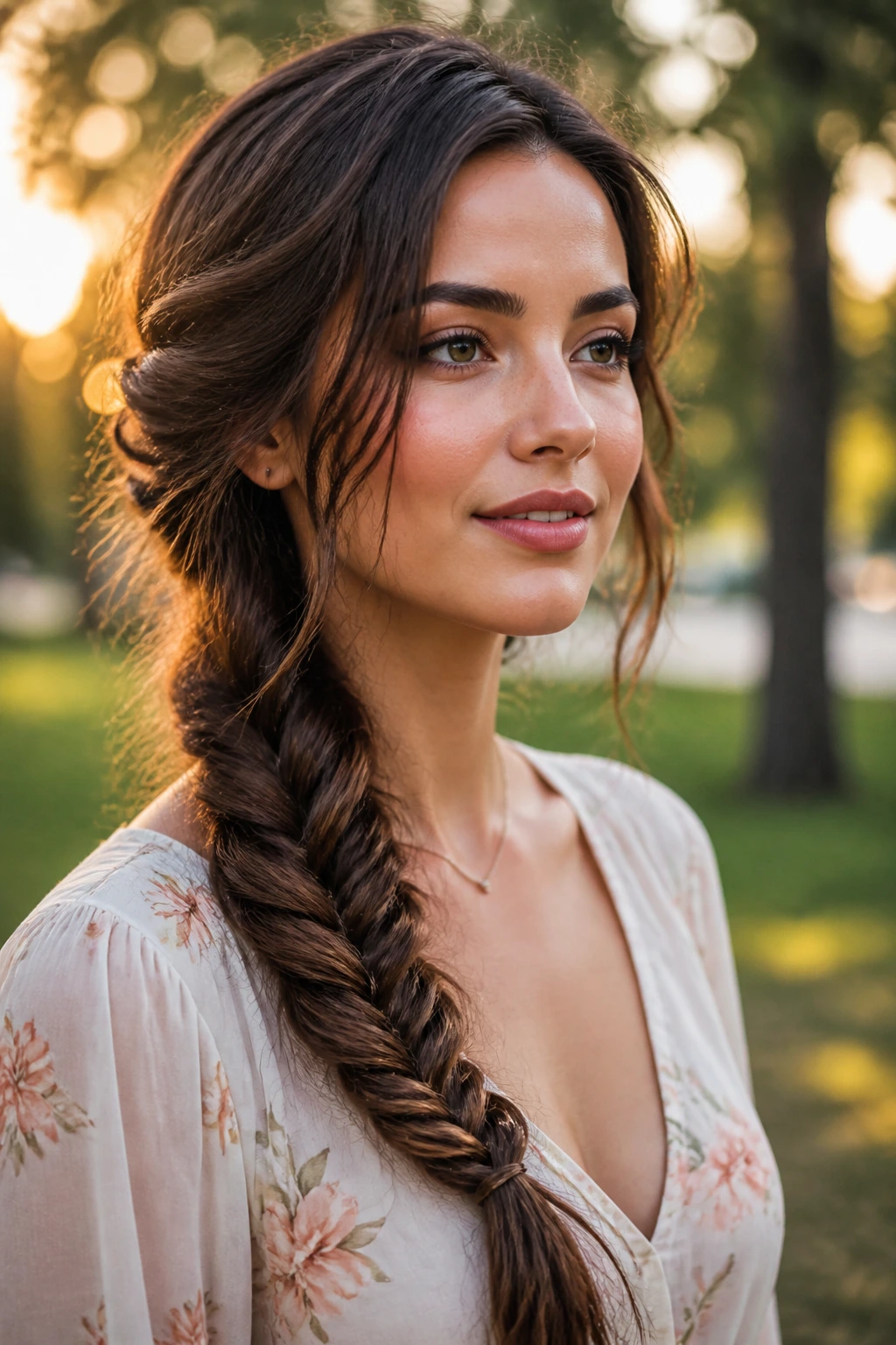 Brunette with loose fishtail braid over one shoulder in golden hour park