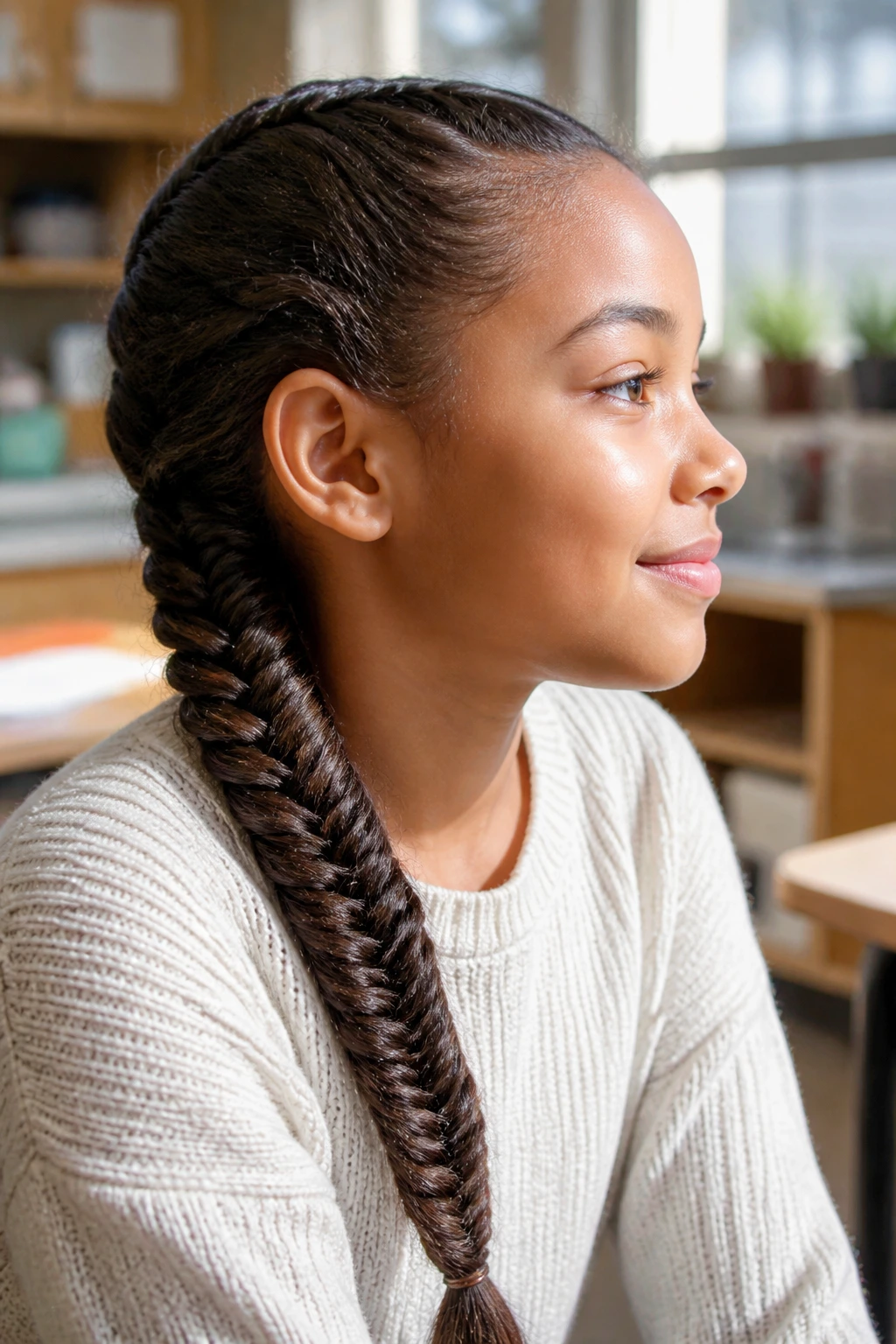 Close-up of a real child with a neat fishtail braid in a sunlit setting