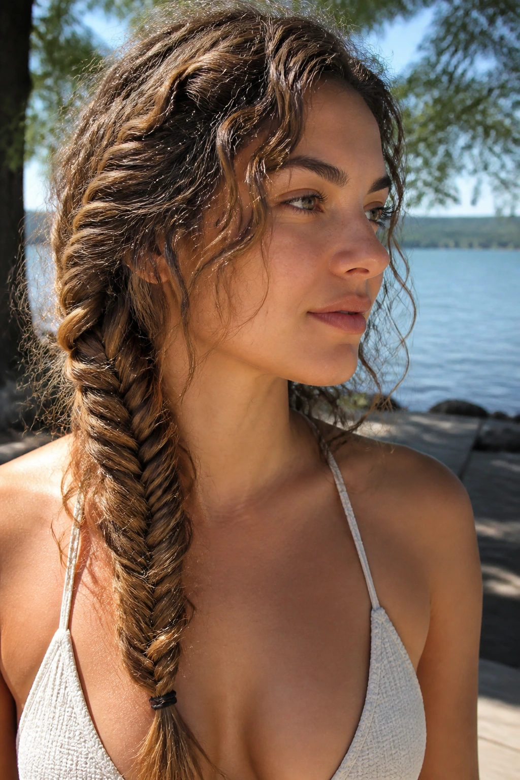 Close-up of a real woman with a fishtail side braid by a lake