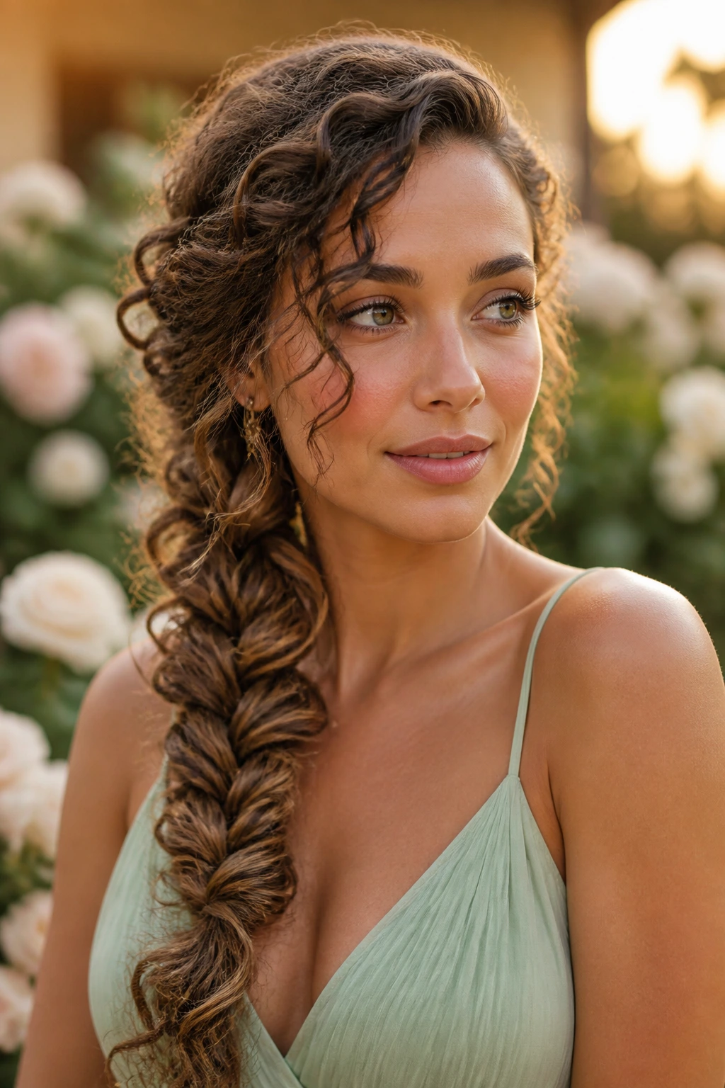 Close-up of a real woman with a chunky side fishtail braid on curly hair draped over the shoulder in warm sunlight