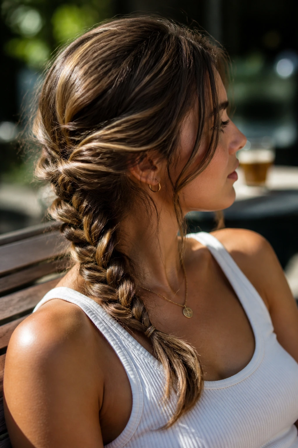 Close-up of a real woman with a loose fishtail braid and visible lowlights.