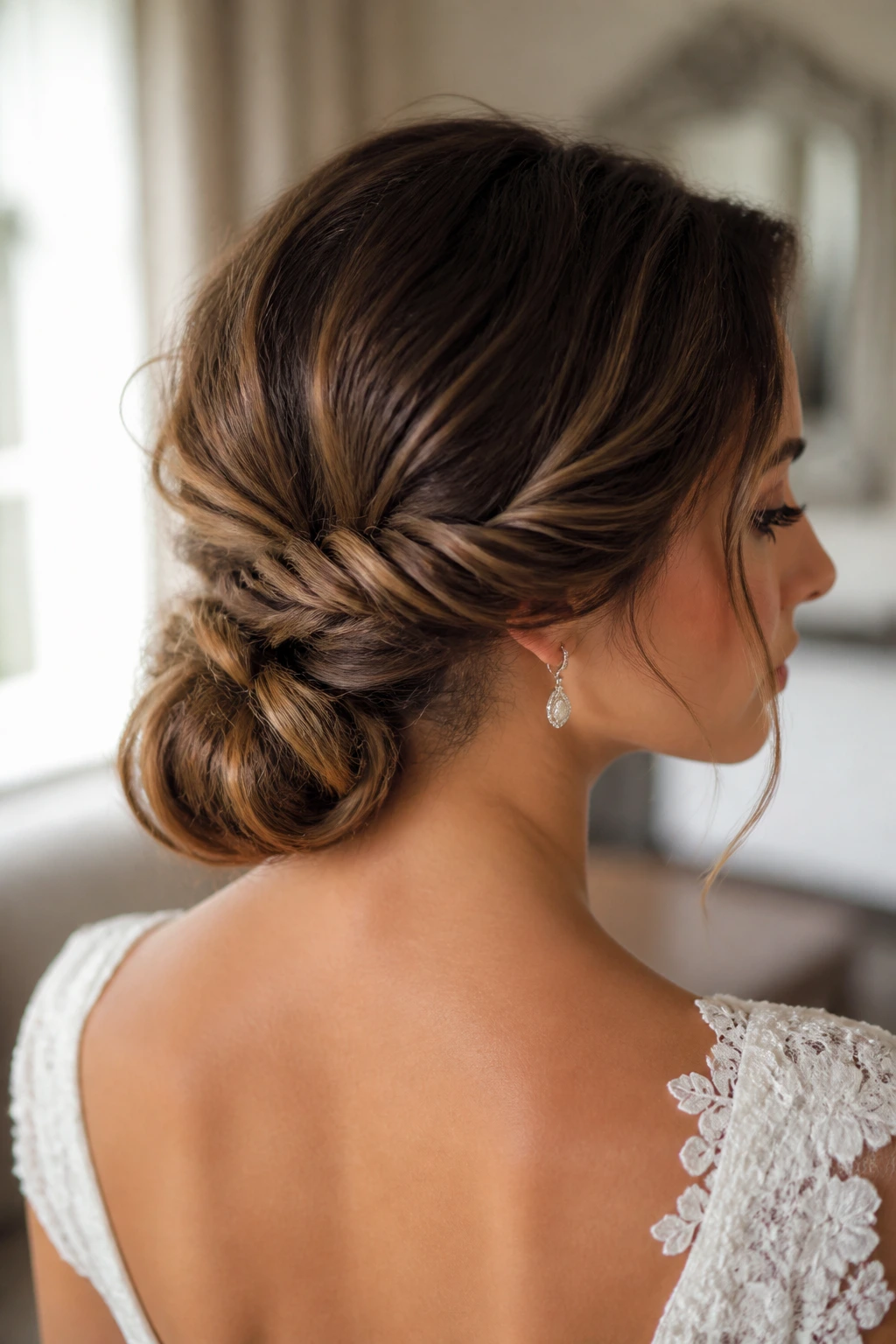Close-up of bride showing fishtail braid into a low bun