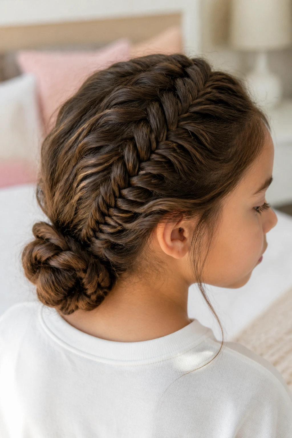 Close-up of child with fishtail braid into a low knot