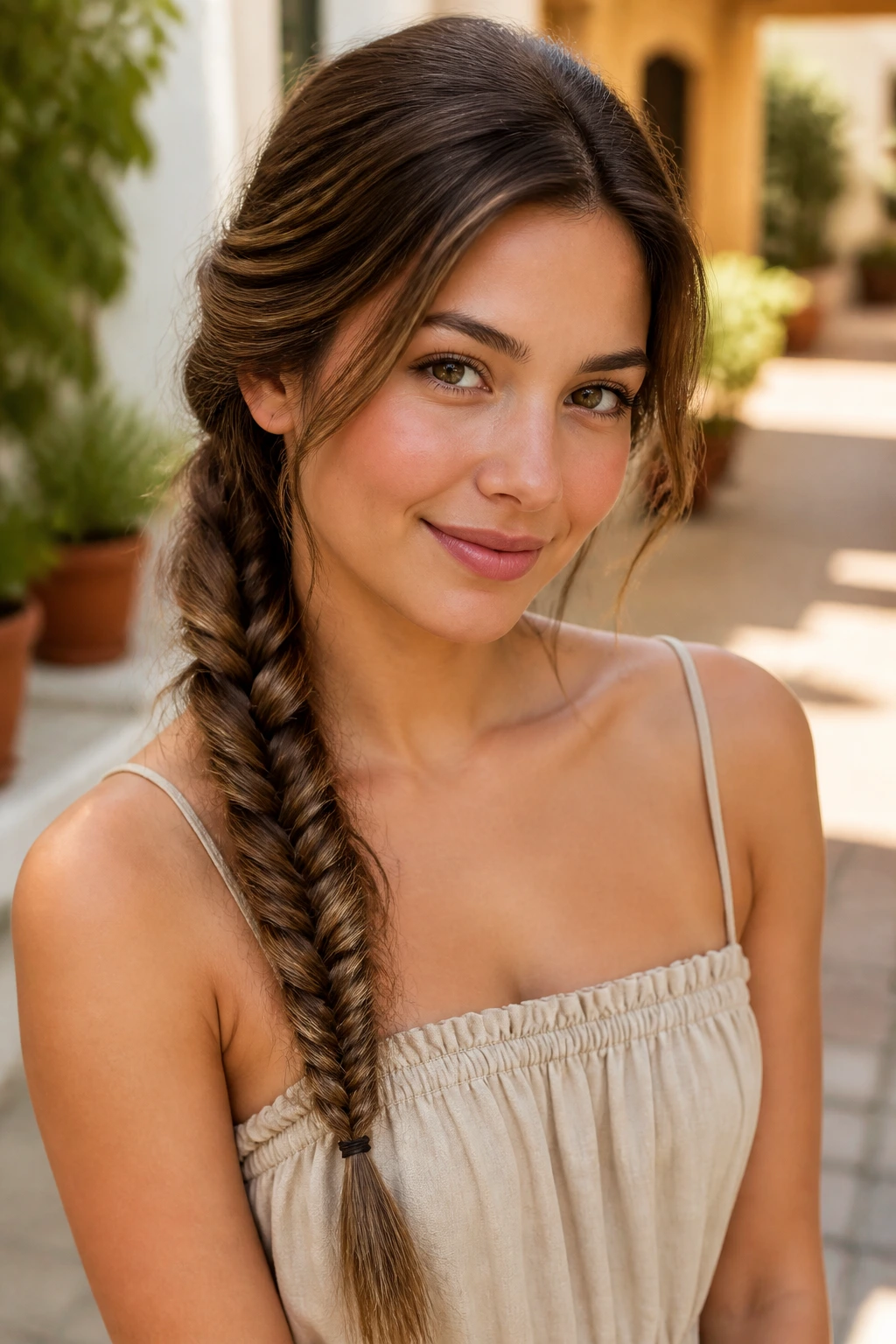 Close-up of woman with fishtail braid over one shoulder, long narrow weave