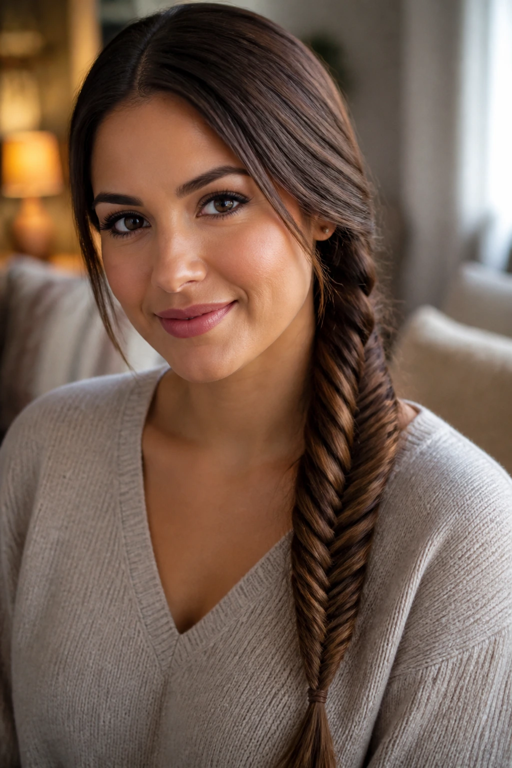 Close-up of a real woman with a polished fishtail braid over one shoulder