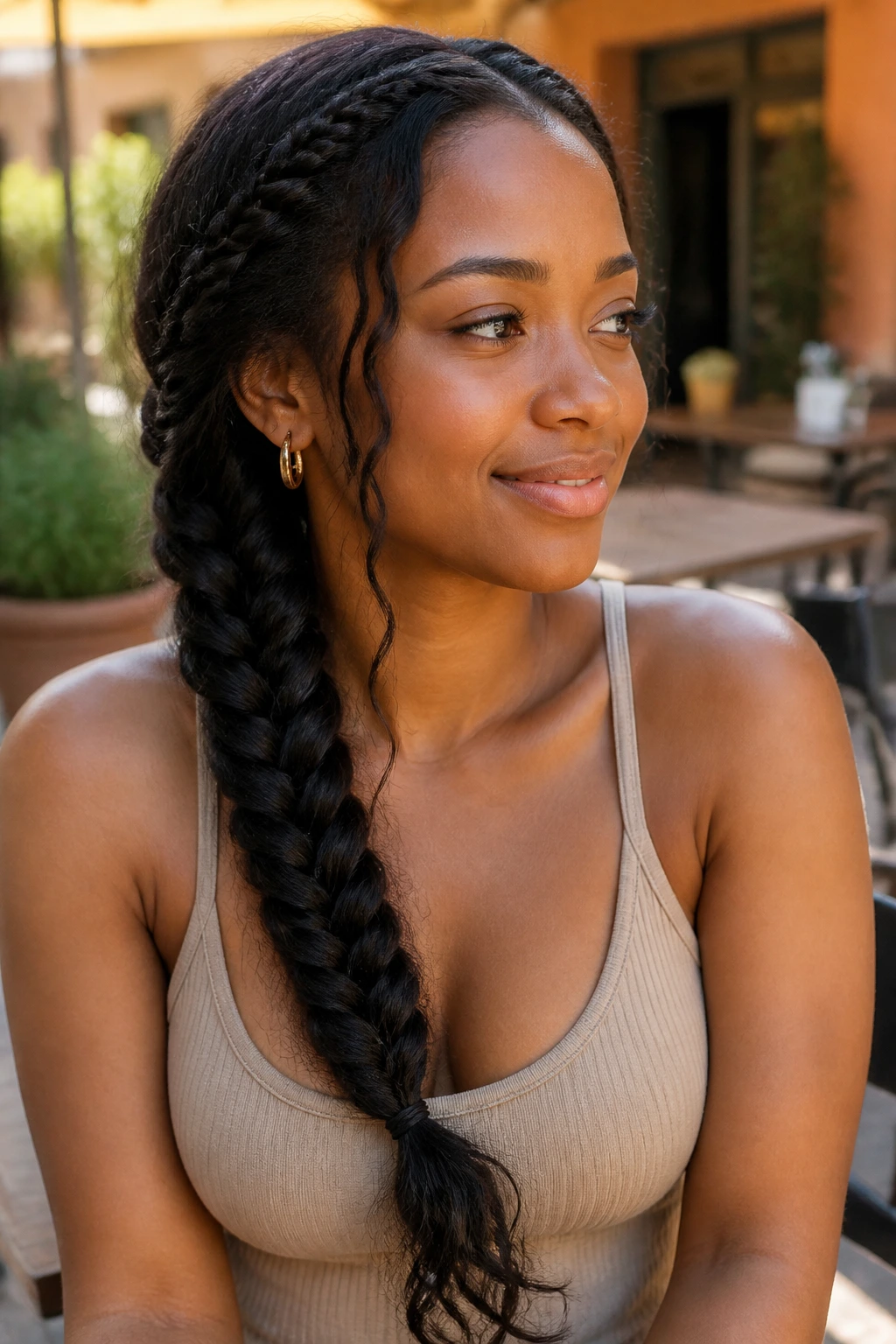 Close-up of a woman with a fishtail braid over one shoulder in warm light