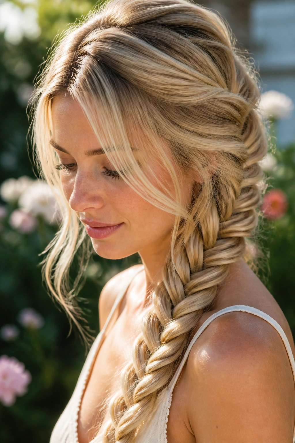 Close-up of a creamy fishtail braid in pale blonde hair.