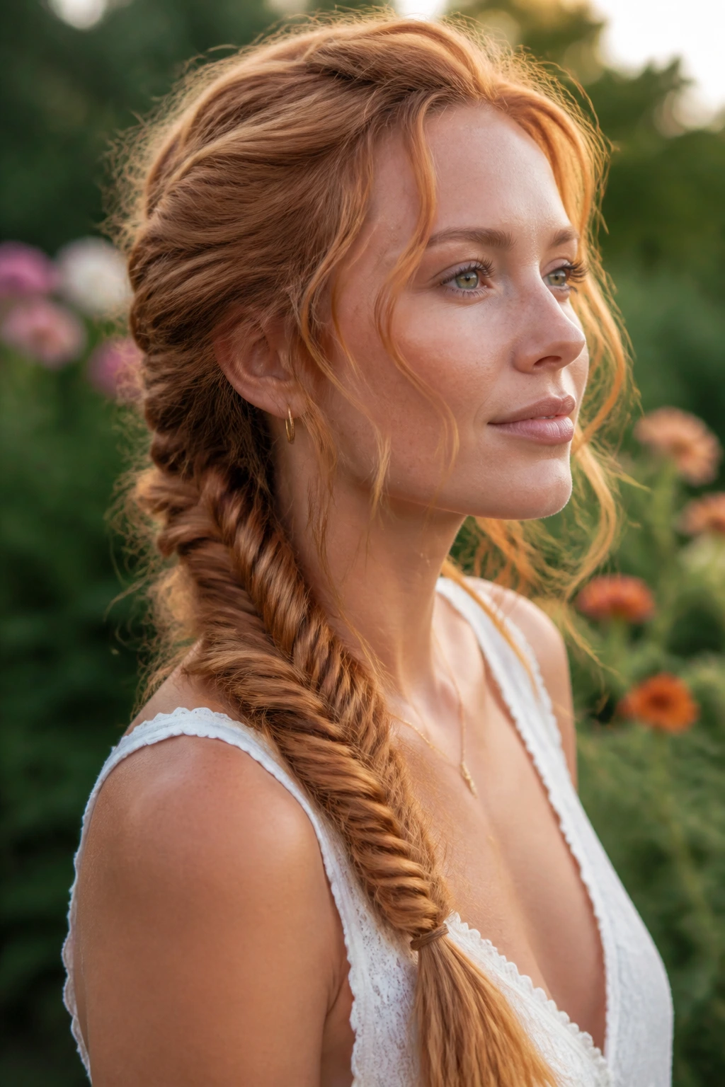 Real woman with a fishtail braid and pull-outs on long strawberry-blonde hair.