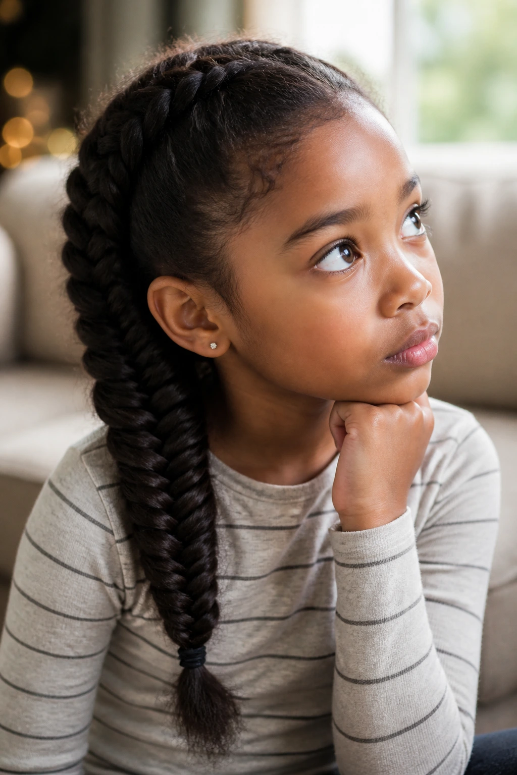 Child with fishtail braid looking curious in a cozy living room