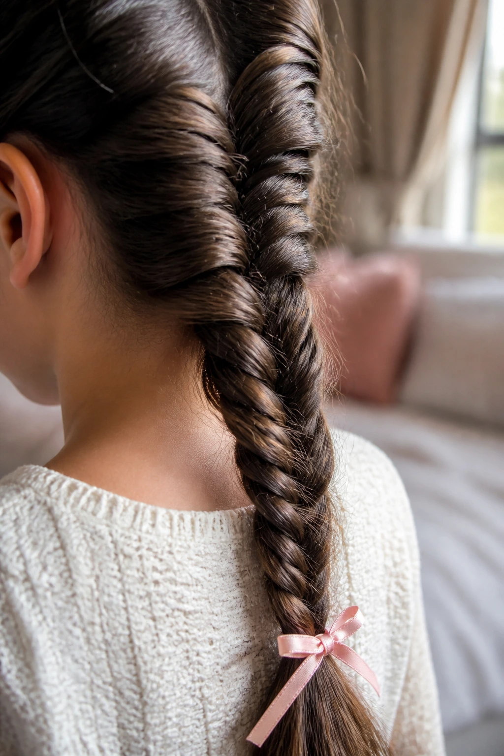 Close-up of a fishtail braid on a real child’s head with a small ribbon and subtle shine
