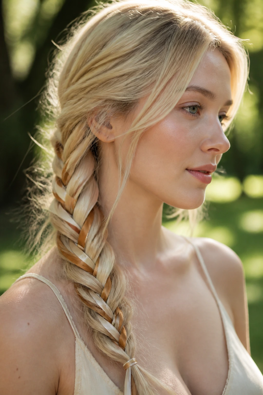 Close-up of a real woman with a fishtail braid and beige honey ribbons in pale blonde hair