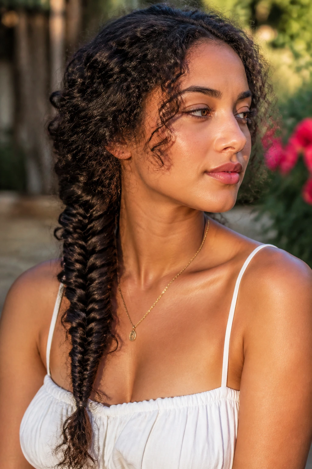 Close-up portrait of a real woman with a fishtail shoulder braid over one shoulder, curls visible.