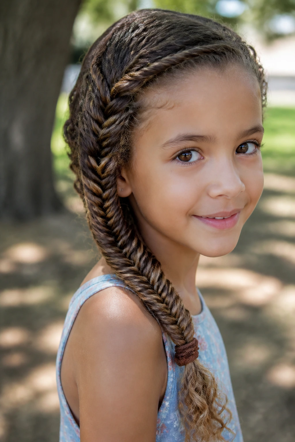 Close-up of a child with a fishtail side braid in sunny outdoor light