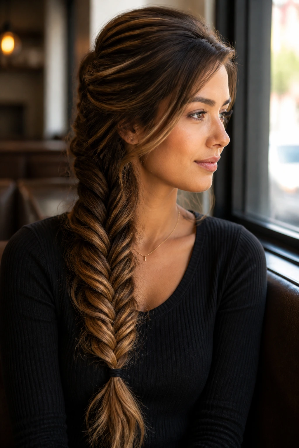Close-up of a real woman with a side-swept fishtail braid and caramel highlights