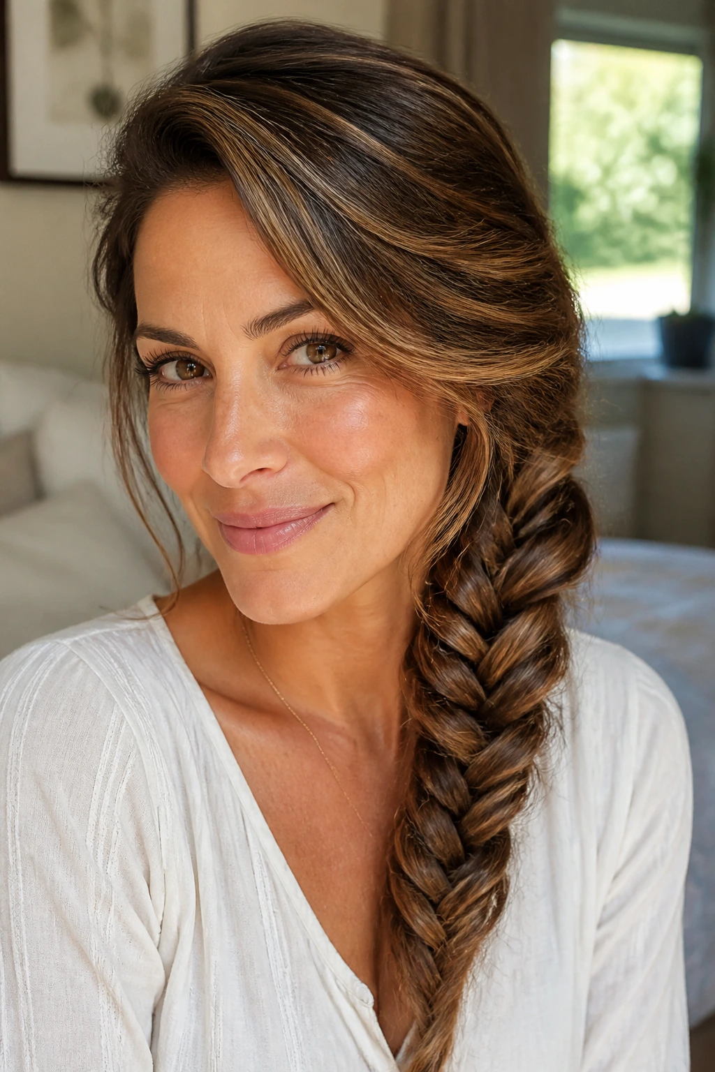 Close-up of a real woman with a side-swept fishtail braid and toffee streaks.