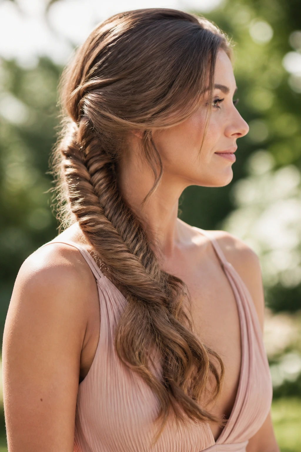 Side profile of a real woman with Fishtail Braid Into Soft Ends over one shoulder