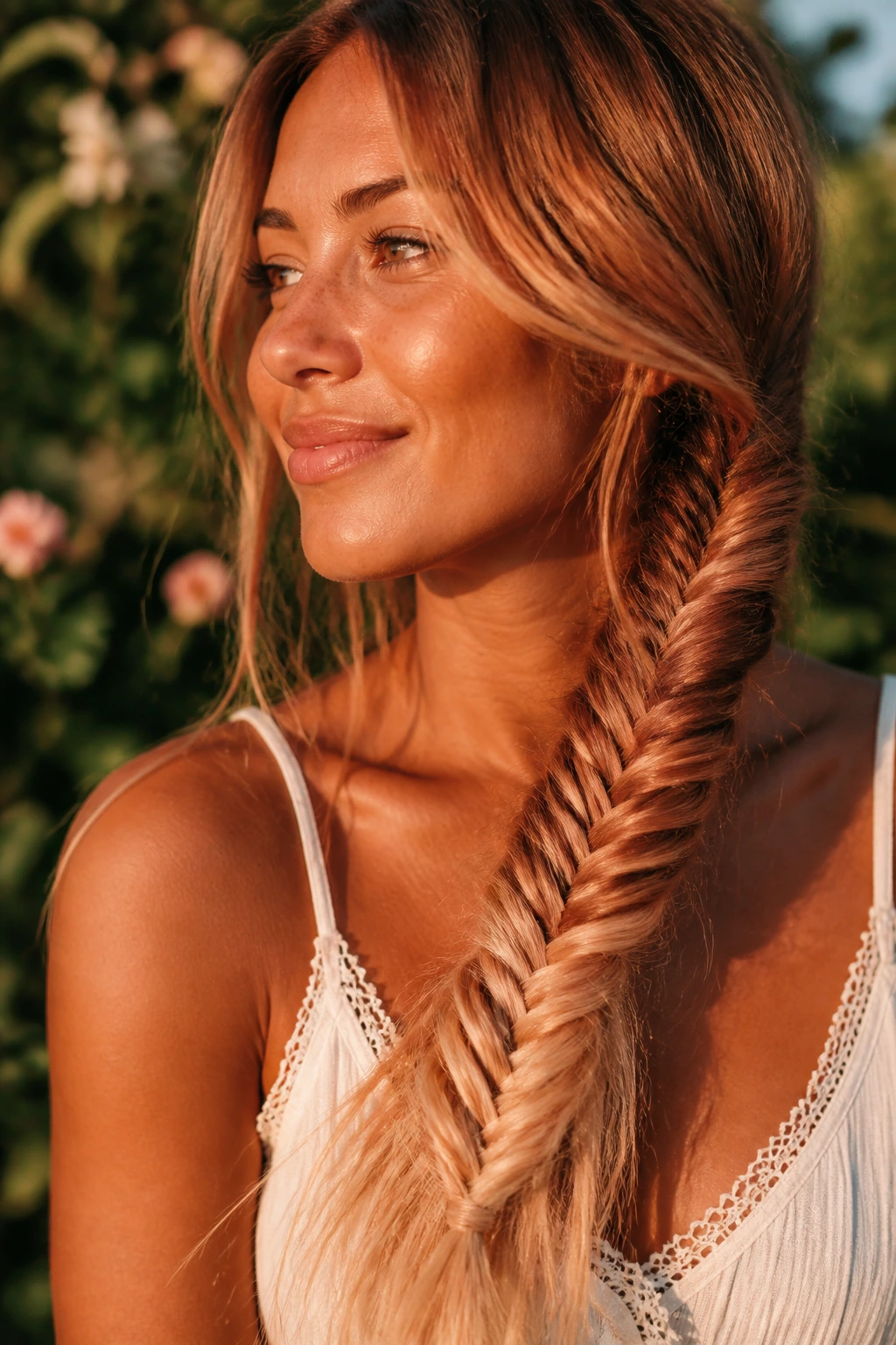 Close-up of a real woman with a fishtail braid and sunlit ends on tan skin.