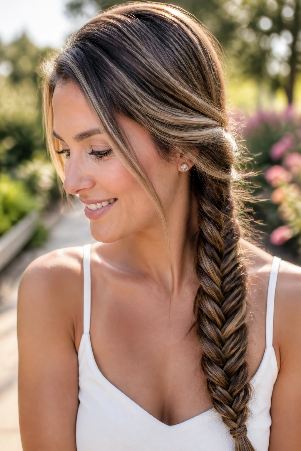 Close-up of a woman with a fishtail side braid showing texture