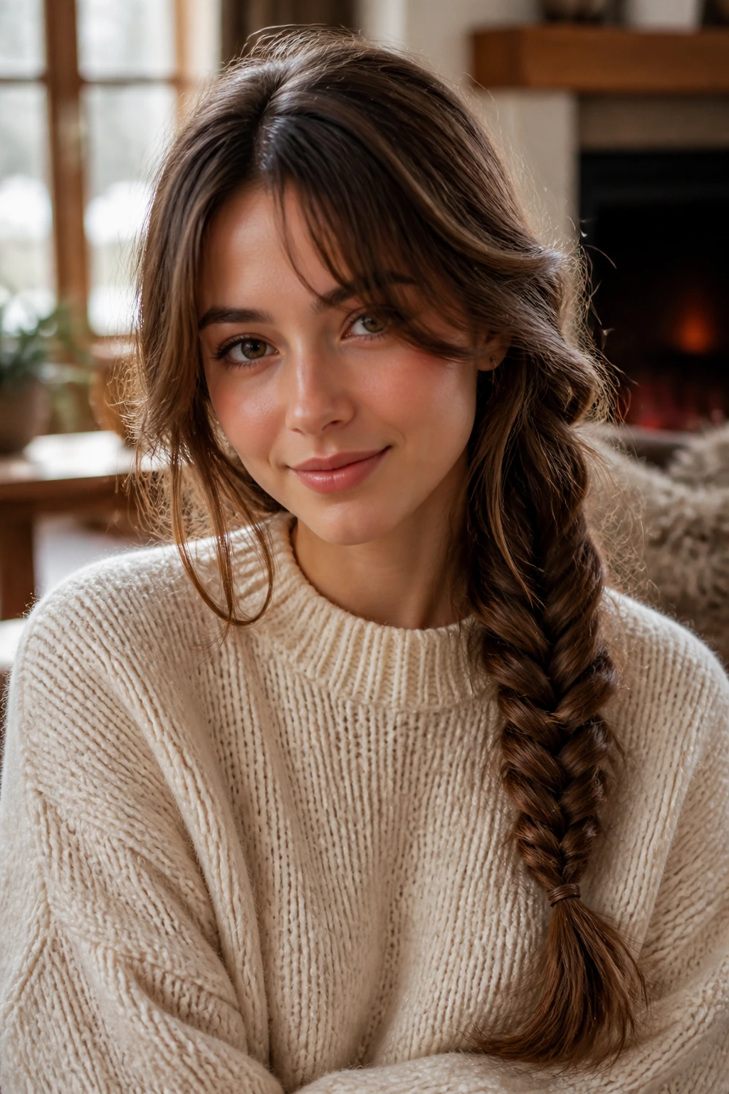 Close-up of loose fishtail braid over shoulder with curtain bangs in a cozy winter living room