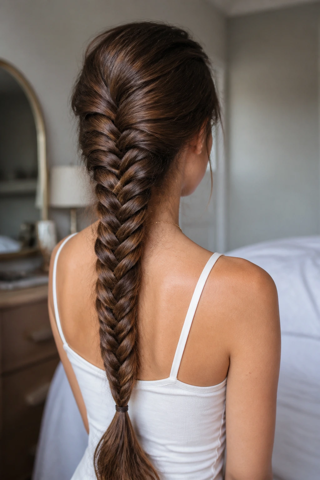 Back view of a real person with a thick hair fishtail braid down the back