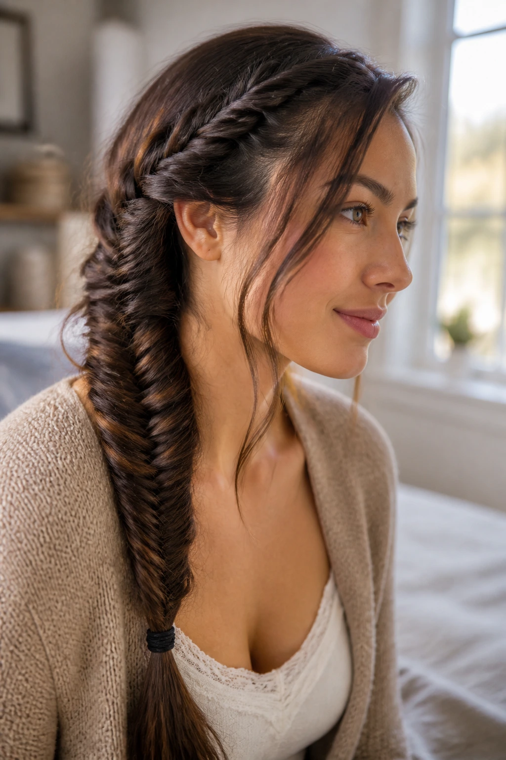 Portrait of a woman with side fishtail braid on thick hair