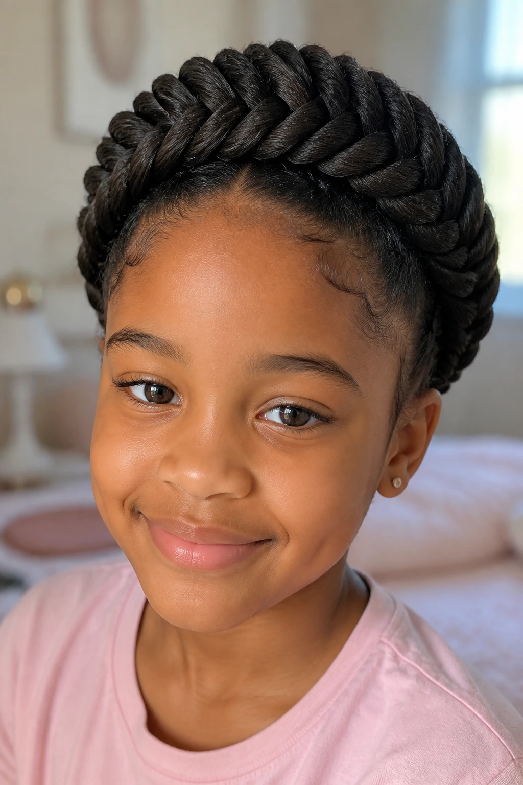 Close-up of thick-haired child wearing a dense fishtail braid crown in warm window light