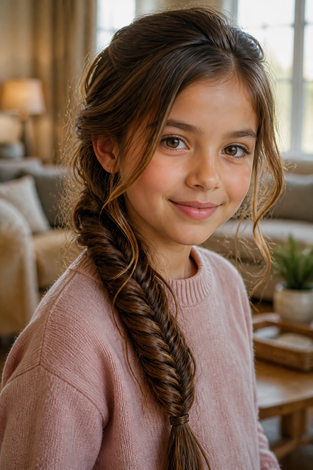 Close-up of a real child with a relaxed fishtail braid and face-framing pieces in warm window light