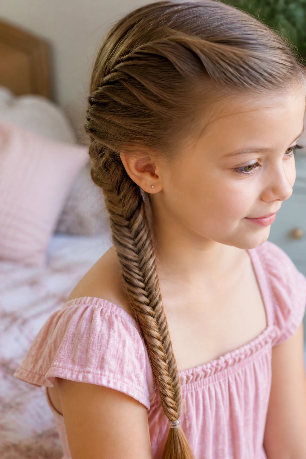 Close-up of a child with a fishtail braid using tiny sections.