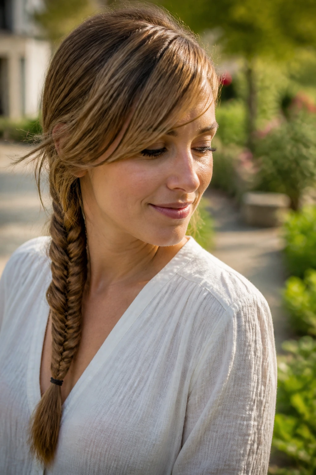 Close-up of a real woman with a fishtail side braid over the shoulder and side-swept bangs in a sunny outdoor setting